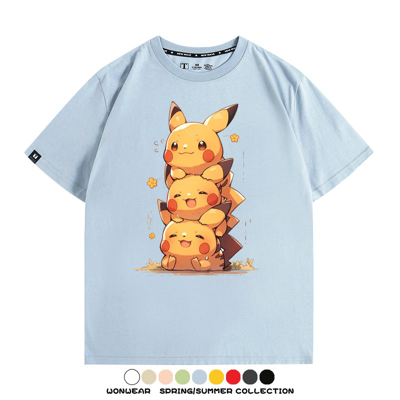 寶可夢皮卡丘可愛疊疊樂 親子情侶裝寬鬆短袖T