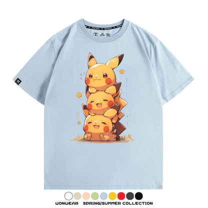 寶可夢皮卡丘可愛疊疊樂 親子情侶裝寬鬆短袖T