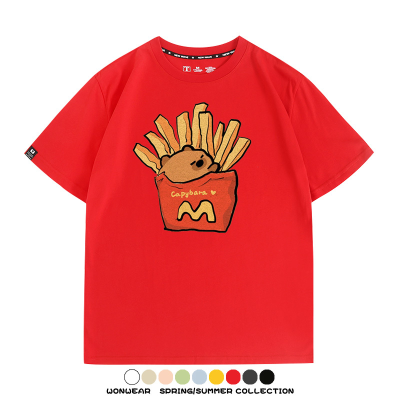 網紅水豚可愛卡皮巴拉COS麥門漢堡薯條二次元青少年夏季純棉T恤衫