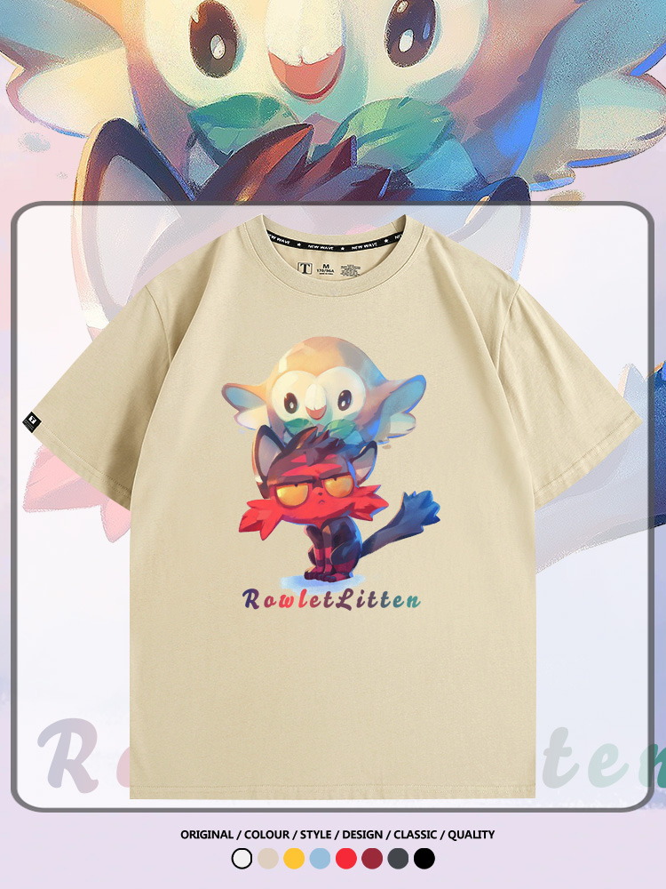 精靈寶可夢日月遊戲木木梟火斑喵卡通周邊短袖夏季男士純棉T恤衫