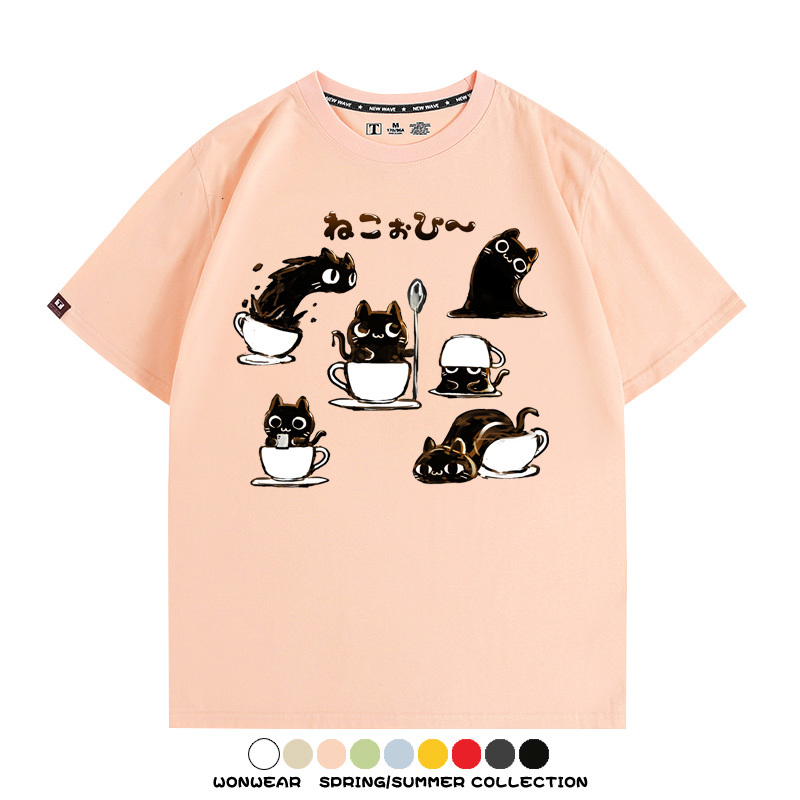 貓貓咖啡惡魔卡通可愛Q版打工人情侶短袖夏季青少年男寬鬆純棉T恤