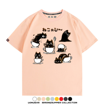 貓貓咖啡惡魔卡通可愛Q版打工人情侶短袖夏季青少年男寬鬆純棉T恤