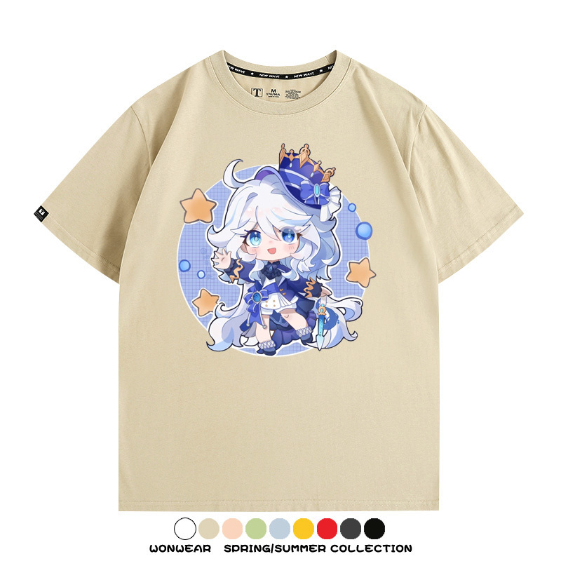 原神遊戲水神芙寧娜芙卡洛斯Q版可愛周邊短袖夏季純棉男潮T恤百搭