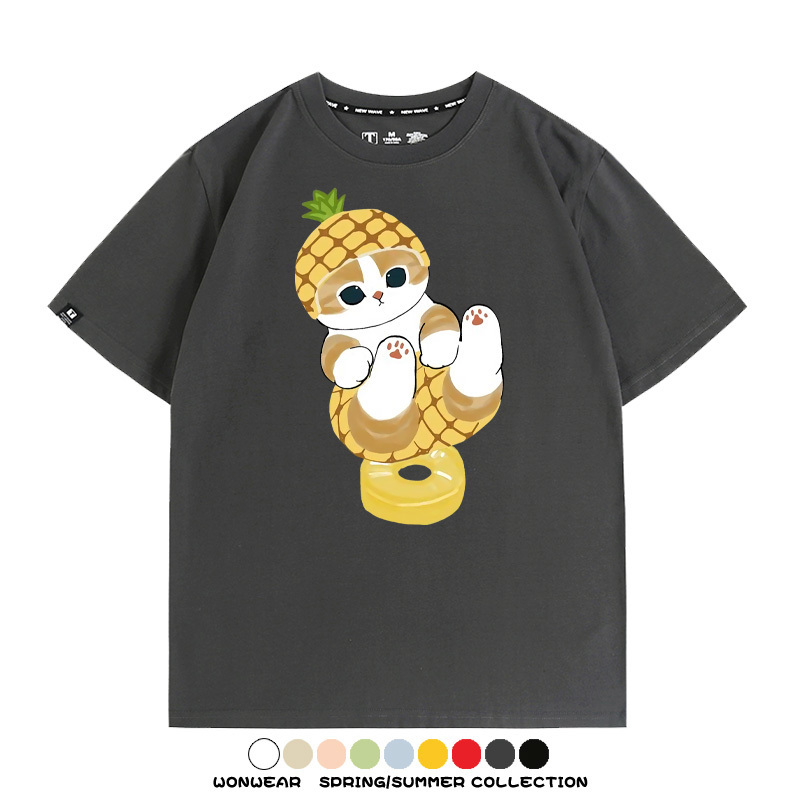 菠蘿貓福珊迪二次元情侶裝t恤衫聯名純棉圓領短袖上衣服卡通喵半袖男