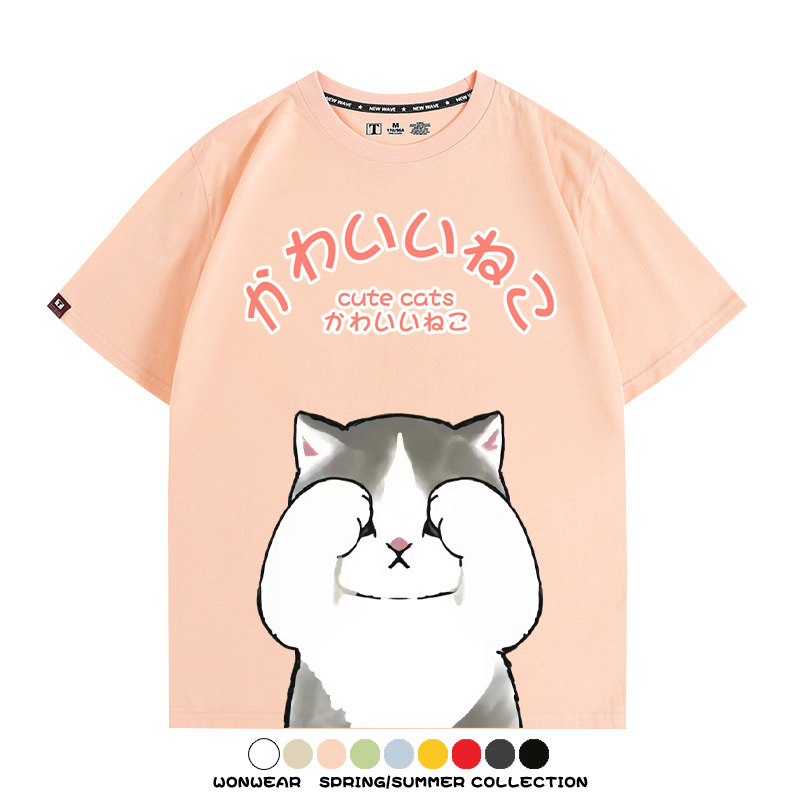 日系印花貓貓復古卡通 親子情侶裝寬鬆短袖T