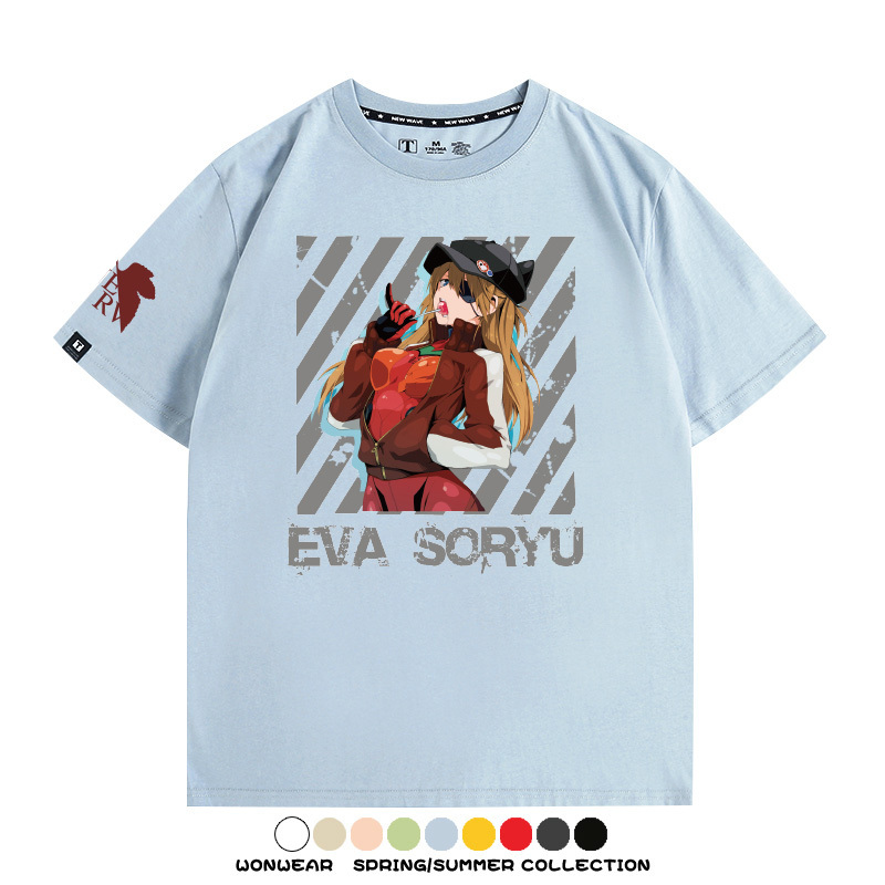 明日香日系潮牌聯名短袖動漫EVA周邊落肩純棉T恤夏青少年情侶上衣