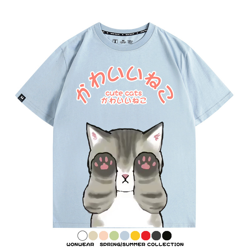 日系印花貓貓復古卡通 親子情侶裝寬鬆短袖T