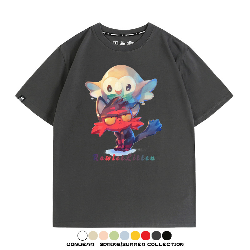 精靈寶可夢日月遊戲木木梟火斑喵卡通周邊短袖夏季男士純棉T恤衫