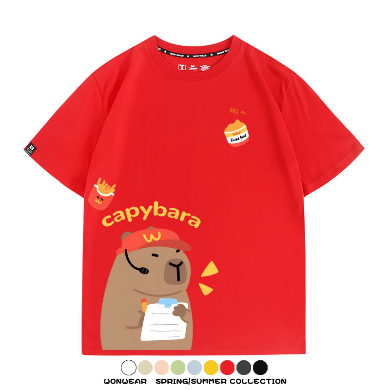 網紅水豚可愛卡皮巴拉COS麥門漢堡薯條二次元青少年夏季純棉T恤衫