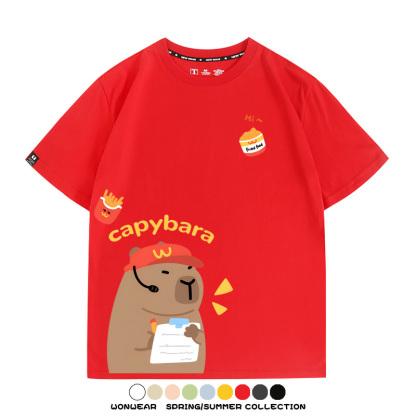 網紅水豚可愛卡皮巴拉COS麥門漢堡薯條二次元青少年夏季純棉T恤衫