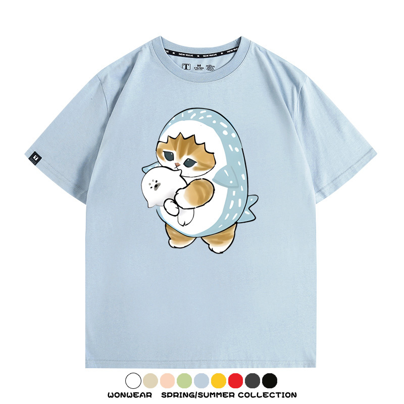 鯊魚貓福珊迪日系COS二次元卡通玩耍情侶短袖上衣純棉T恤衫夏季男寬鬆