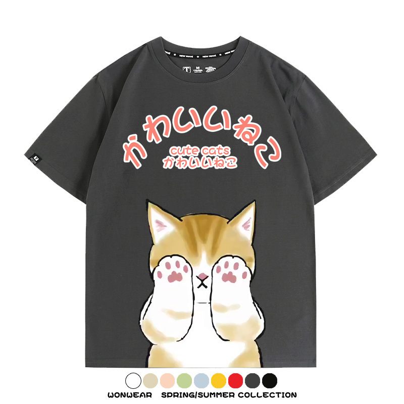 日系印花貓貓復古卡通 親子情侶裝寬鬆短袖T