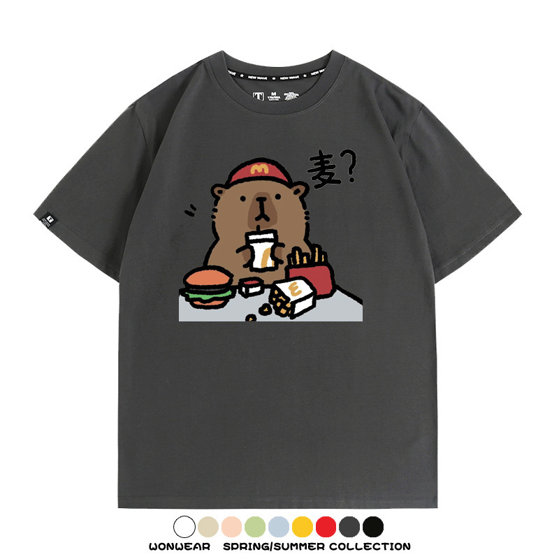 網紅水豚可愛卡皮巴拉COS麥門漢堡薯條二次元青少年夏季純棉T恤衫
