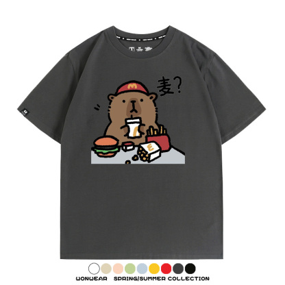 網紅水豚可愛卡皮巴拉COS麥門漢堡薯條二次元青少年夏季純棉T恤衫