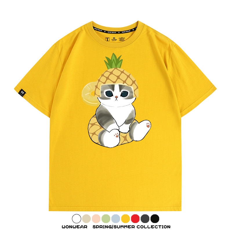 菠蘿貓福珊迪二次元情侶裝t恤衫聯名純棉圓領短袖上衣服卡通喵半袖男