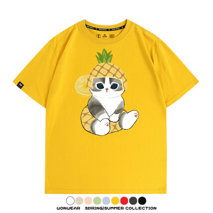 菠蘿貓福珊迪二次元情侶裝t恤衫聯名純棉圓領短袖上衣服卡通喵半袖男