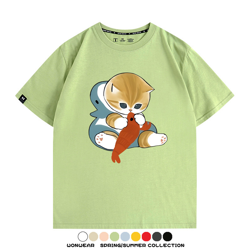 鯊魚貓福珊迪日系COS二次元卡通玩耍情侶短袖上衣純棉T恤衫夏季男寬鬆