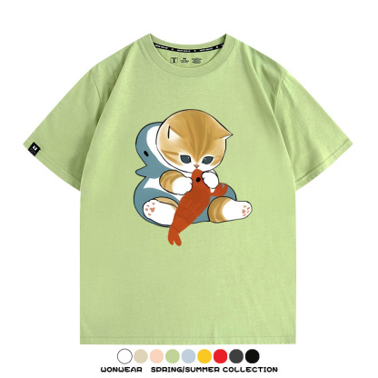 鯊魚貓福珊迪日系COS二次元卡通玩耍情侶短袖上衣純棉T恤衫夏季男寬鬆