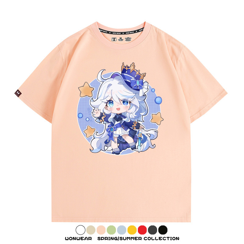 原神遊戲水神芙寧娜芙卡洛斯Q版可愛周邊短袖夏季純棉男潮T恤百搭