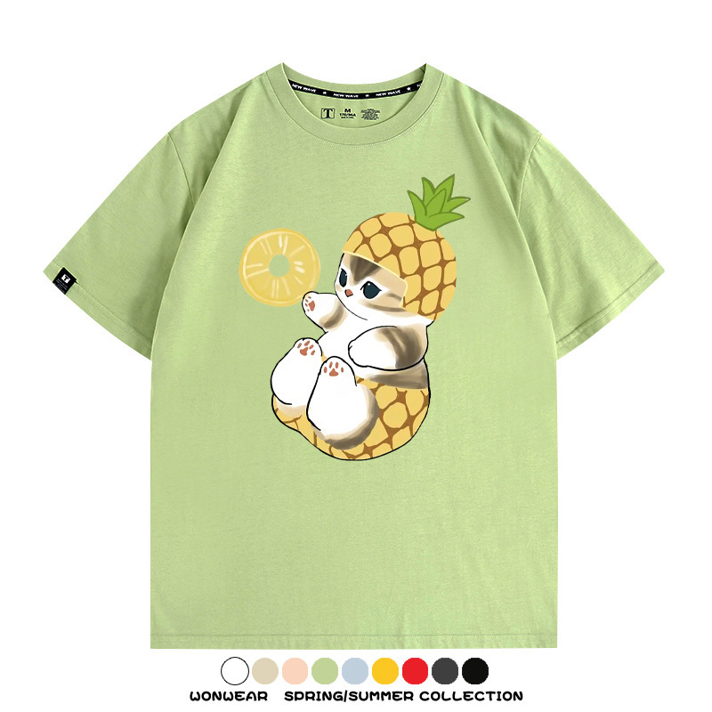 菠蘿貓福珊迪二次元情侶裝t恤衫聯名純棉圓領短袖上衣服卡通喵半袖男