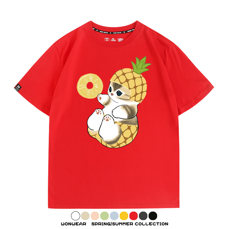 菠蘿貓福珊迪二次元情侶裝t恤衫聯名純棉圓領短袖上衣服卡通喵半袖男