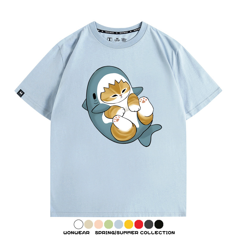 鯊魚貓福珊迪日系COS二次元卡通玩耍情侶短袖上衣純棉T恤衫夏季男寬鬆