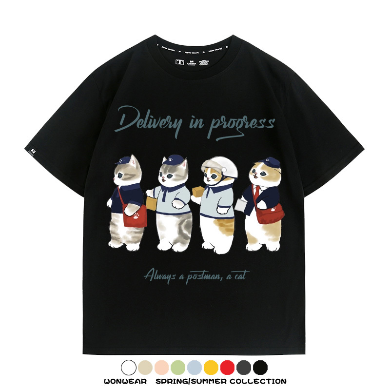 日系郵差員貓貓送快遞 親子情侶裝寬鬆短袖T