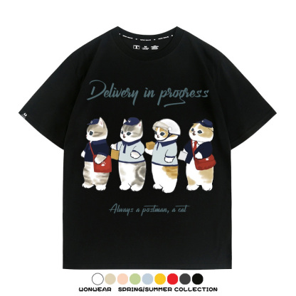 日系郵差員貓貓送快遞 親子情侶裝寬鬆短袖T