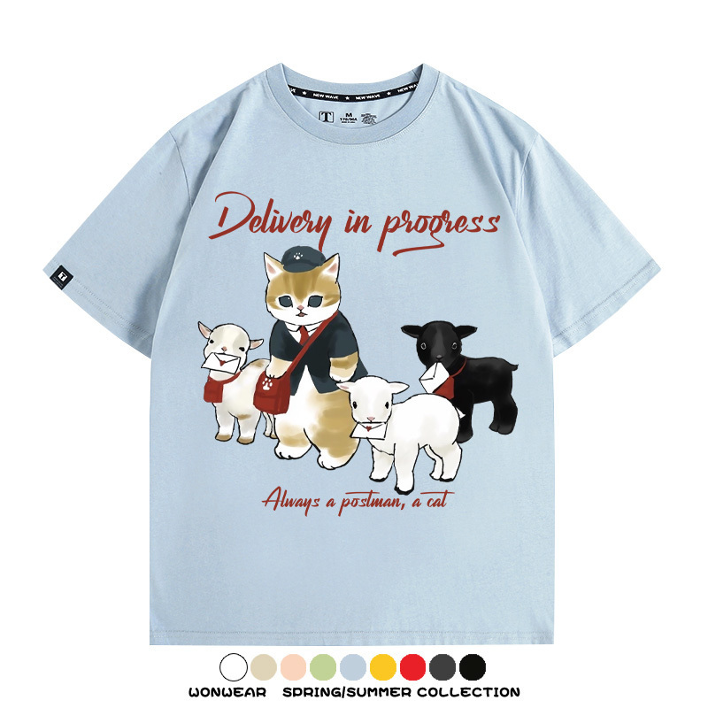 日系郵差員貓貓送快遞 親子情侶裝寬鬆短袖T