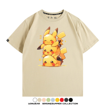 寶可夢皮卡丘可愛疊疊樂 親子情侶裝寬鬆短袖T