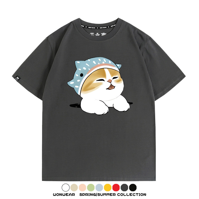 鯊魚貓福珊迪日系COS二次元卡通玩耍情侶短袖上衣純棉T恤衫夏季男寬鬆