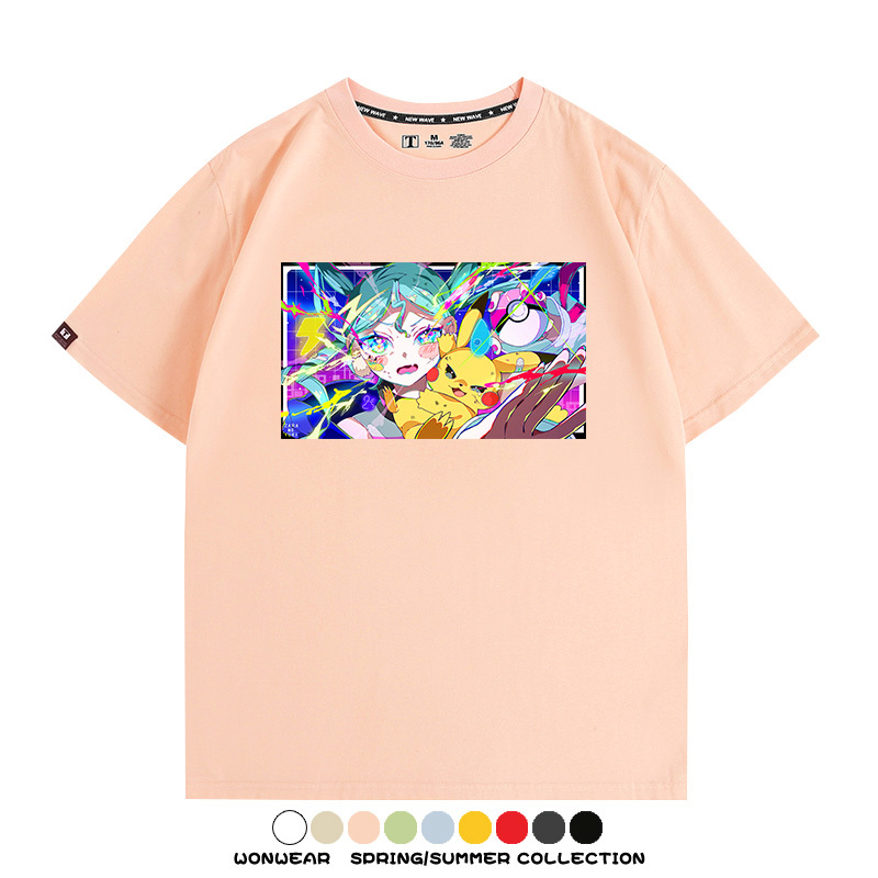 寶可夢皮卡丘聯動V家初音未來miku歌姬周邊短袖純棉T恤上衣夏寬鬆