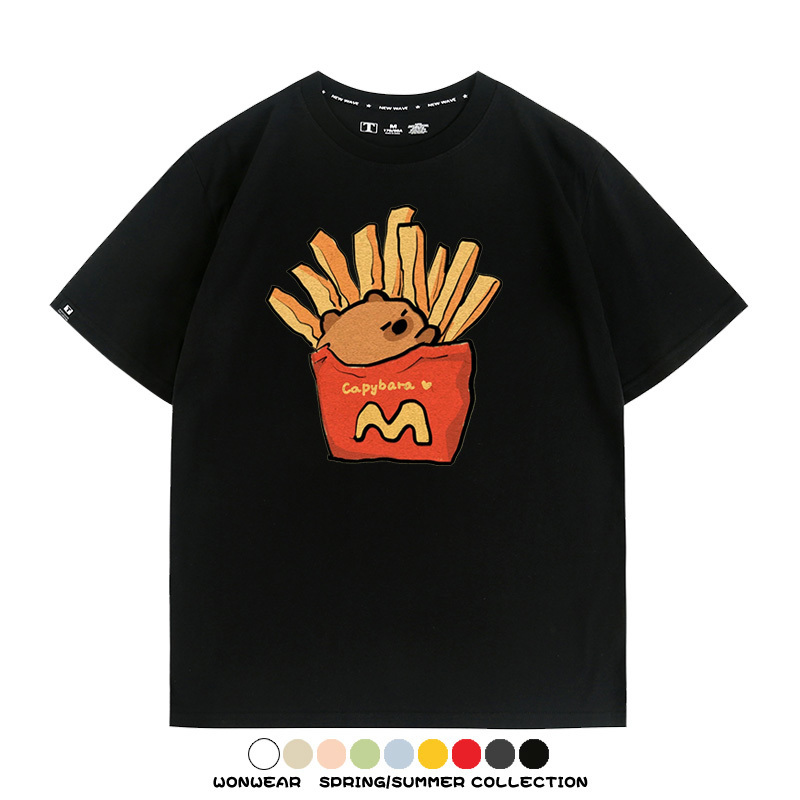 網紅水豚可愛卡皮巴拉COS麥門漢堡薯條二次元青少年夏季純棉T恤衫
