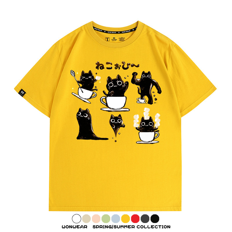 貓貓咖啡惡魔卡通可愛Q版打工人情侶短袖夏季青少年男寬鬆純棉T恤