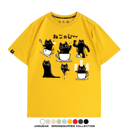 貓貓咖啡惡魔卡通可愛Q版打工人情侶短袖夏季青少年男寬鬆純棉T恤