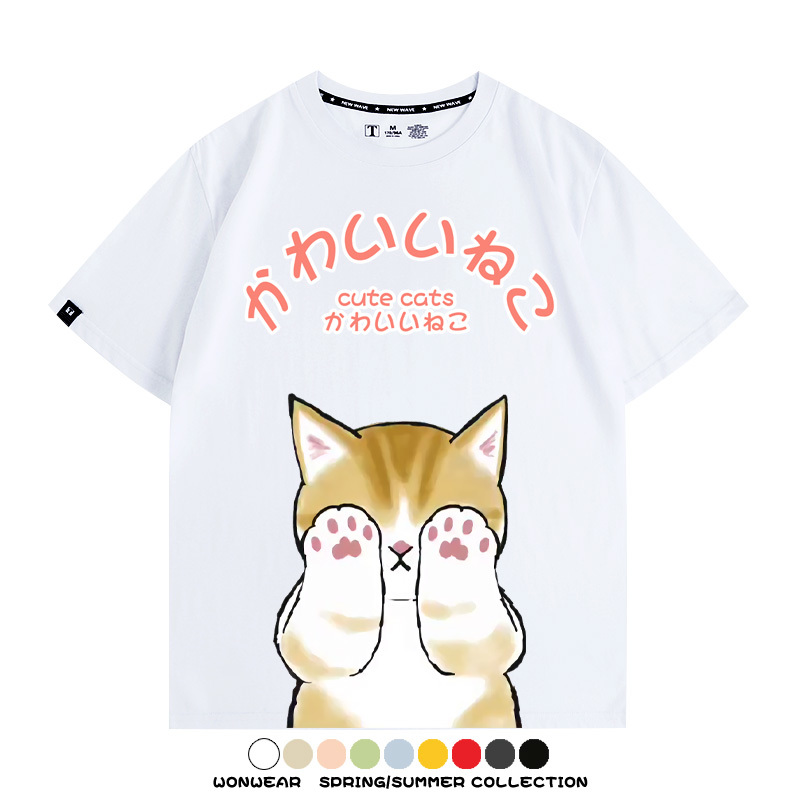 日系印花貓貓復古卡通 親子情侶裝寬鬆短袖T