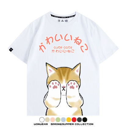 日系印花貓貓復古卡通 親子情侶裝寬鬆短袖T