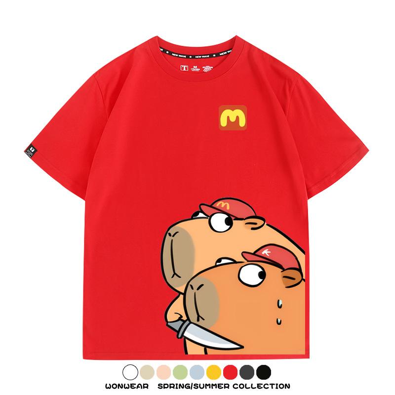 惡搞水豚卡皮巴拉麥門K記卡通聯名周邊短袖T恤衫夏季純棉男潮休閒