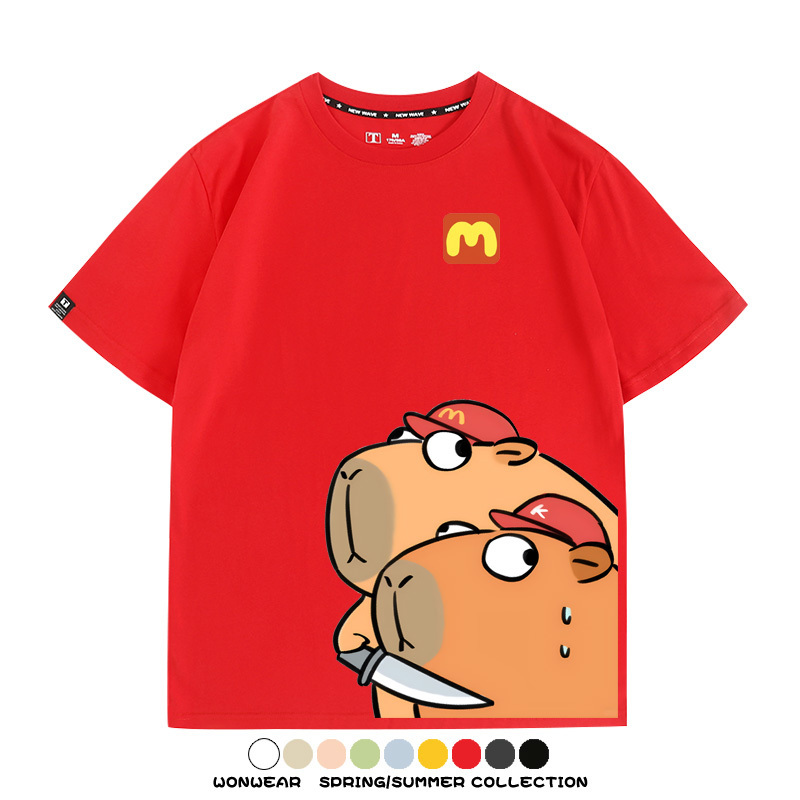 惡搞水豚卡皮巴拉麥門K記卡通聯名周邊短袖T恤衫夏季純棉男潮休閒