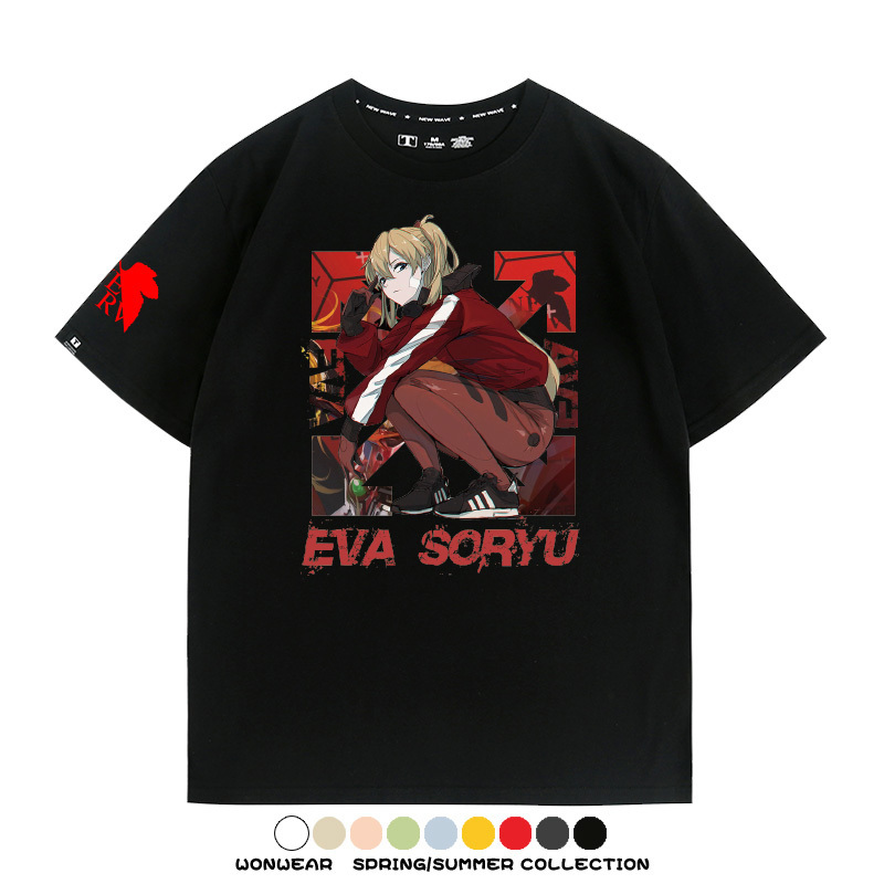 明日香日系潮牌聯名短袖動漫EVA周邊落肩純棉T恤夏青少年情侶上衣