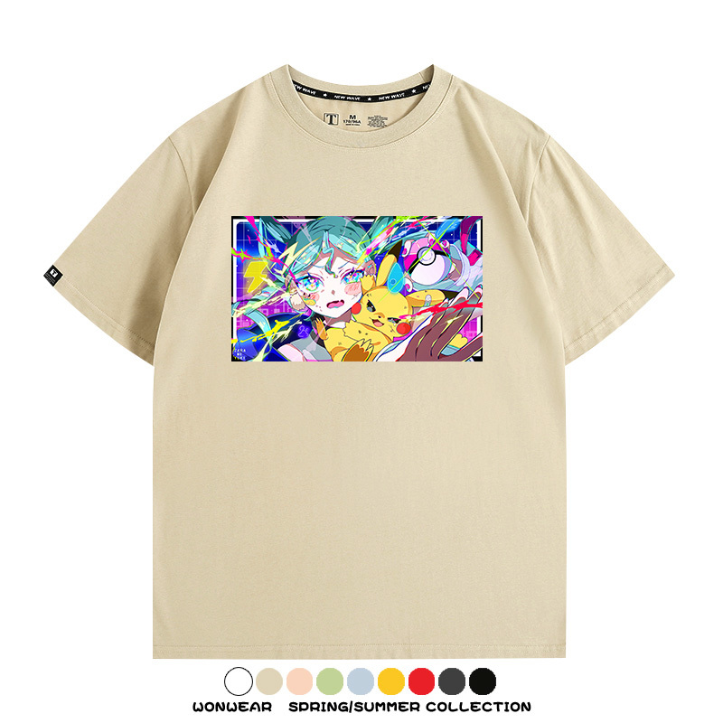 寶可夢皮卡丘聯動V家初音未來miku歌姬周邊短袖純棉T恤上衣夏寬鬆