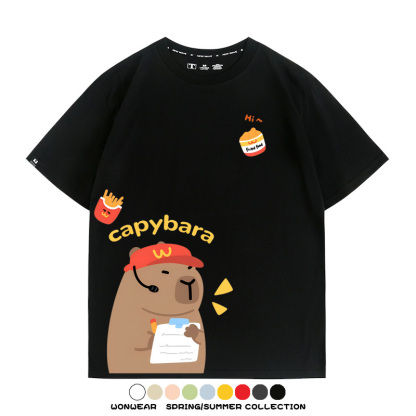 網紅水豚可愛卡皮巴拉COS麥門漢堡薯條二次元青少年夏季純棉T恤衫