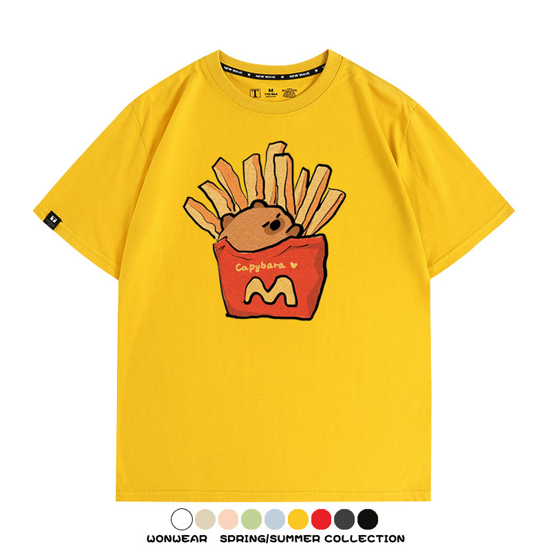 網紅水豚可愛卡皮巴拉COS麥門漢堡薯條二次元青少年夏季純棉T恤衫