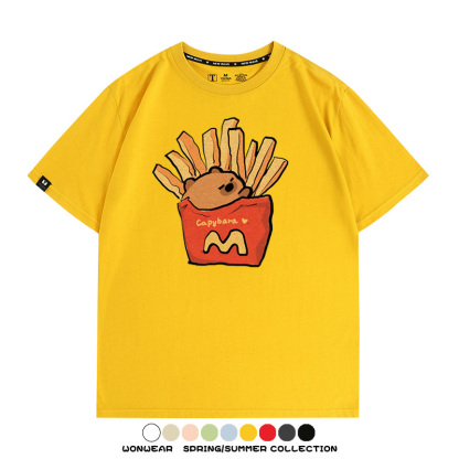 網紅水豚可愛卡皮巴拉COS麥門漢堡薯條二次元青少年夏季純棉T恤衫