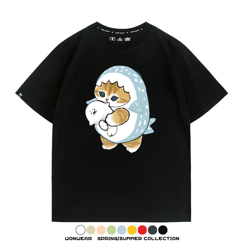 鯊魚貓福珊迪日系COS二次元卡通玩耍情侶短袖上衣純棉T恤衫夏季男寬鬆