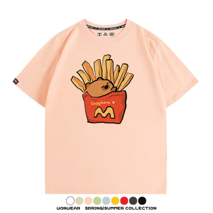 網紅水豚可愛卡皮巴拉COS麥門漢堡薯條二次元青少年夏季純棉T恤衫