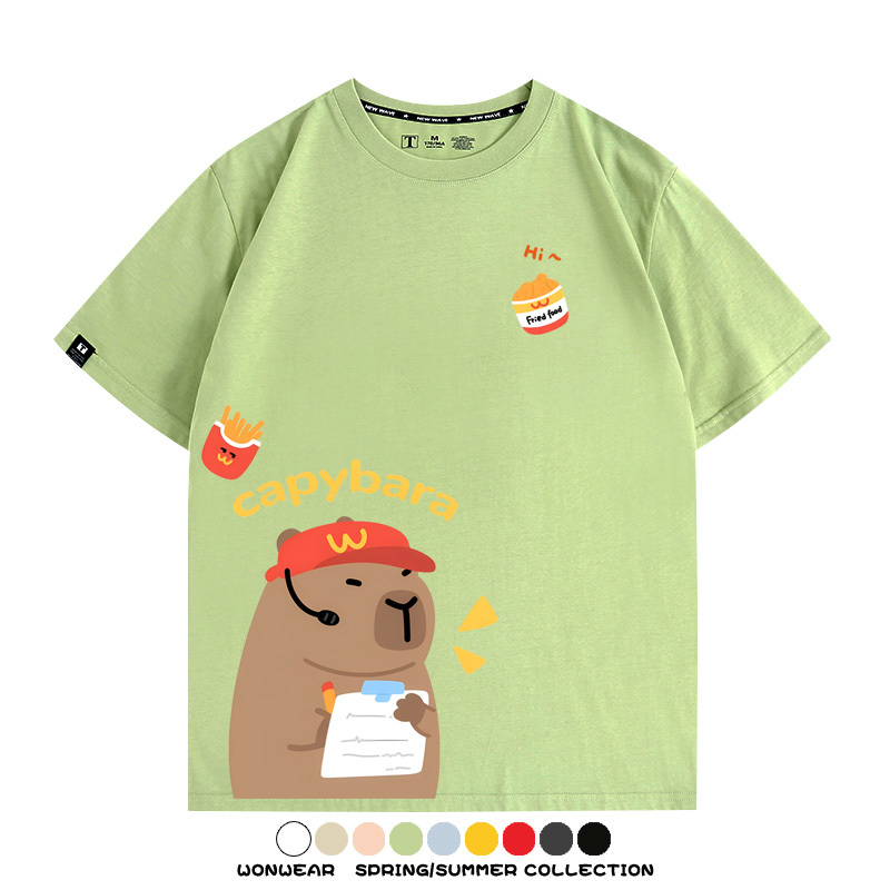 網紅水豚可愛卡皮巴拉COS麥門漢堡薯條二次元青少年夏季純棉T恤衫