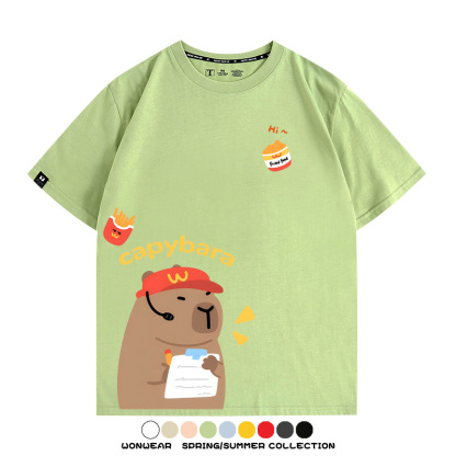 網紅水豚可愛卡皮巴拉COS麥門漢堡薯條二次元青少年夏季純棉T恤衫