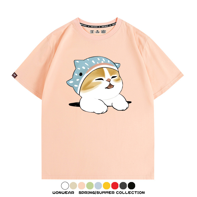 鯊魚貓福珊迪日系COS二次元卡通玩耍情侶短袖上衣純棉T恤衫夏季男寬鬆