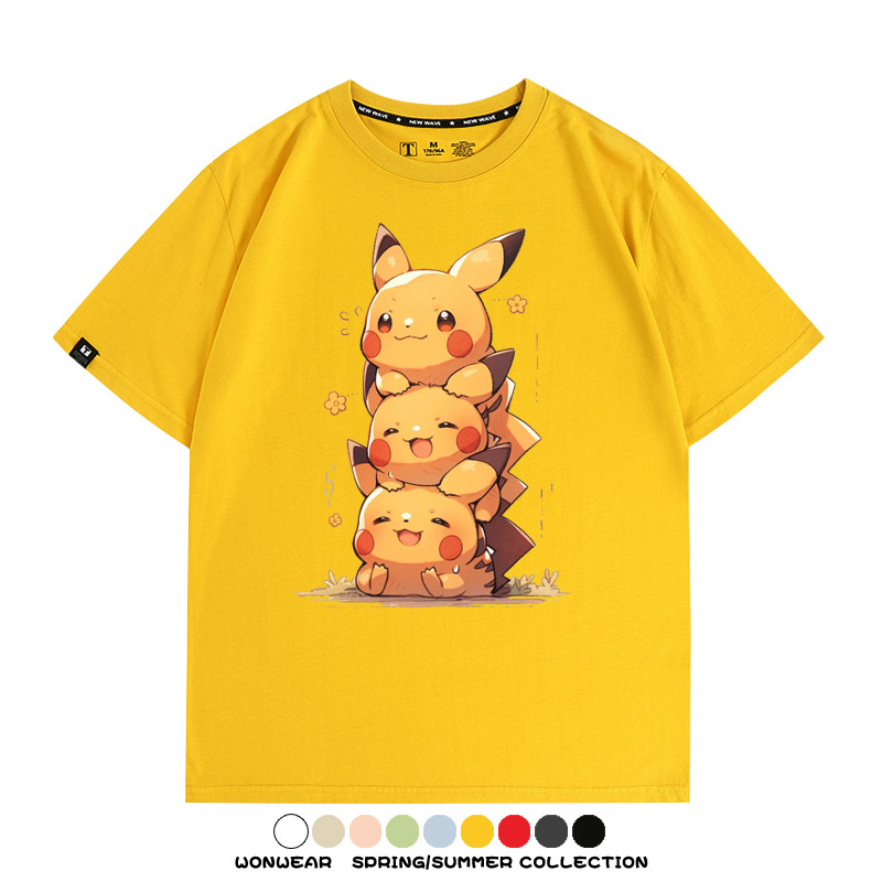 寶可夢皮卡丘可愛疊疊樂 親子情侶裝寬鬆短袖T